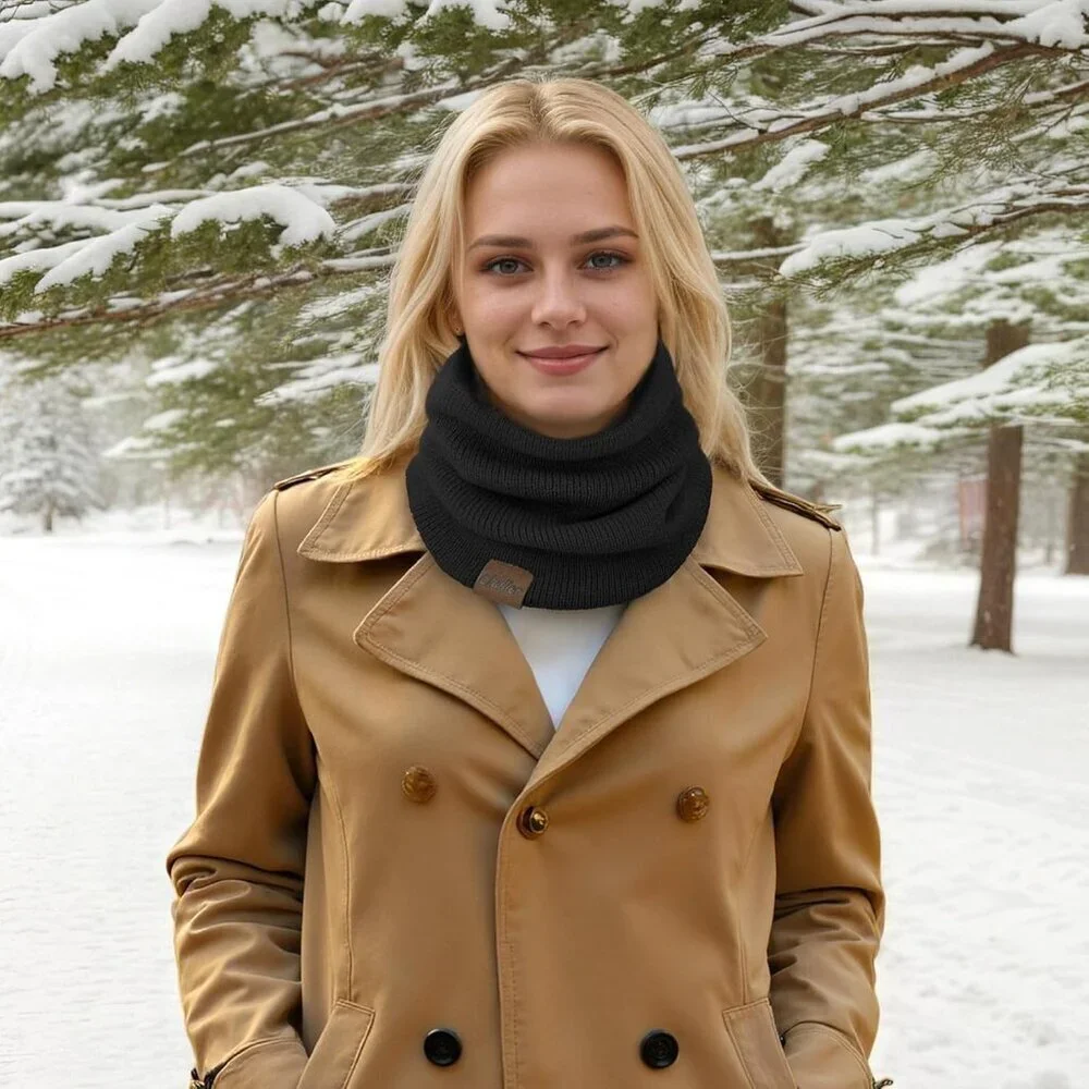 Womens DarkBlack  Scarf Winter Double-Layer Neck Warmer Knit Fleece Lined Circle